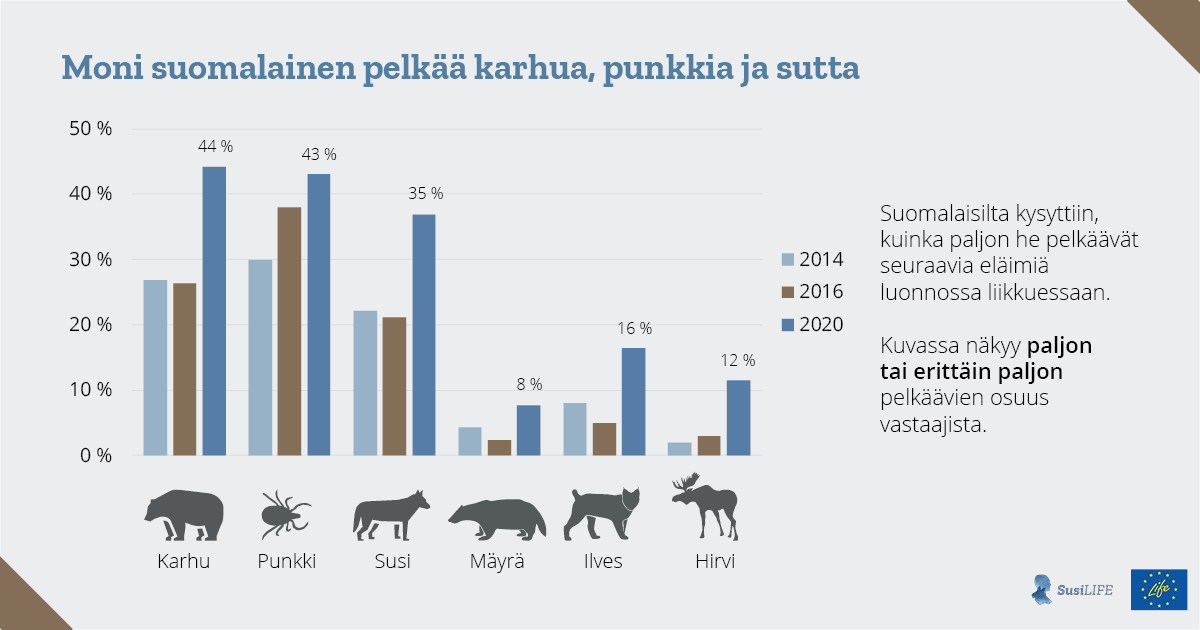 Moni suomalainen pelkää karhua, punkkia ja sutta